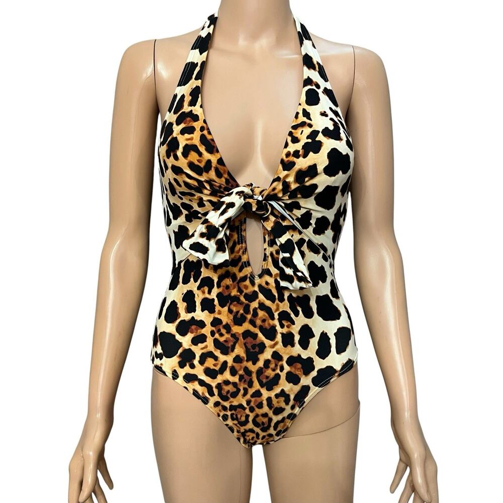 Vince Camuto Leopard Print One Piece Swimsuit 4 Halter Neck Plunge Tied Front